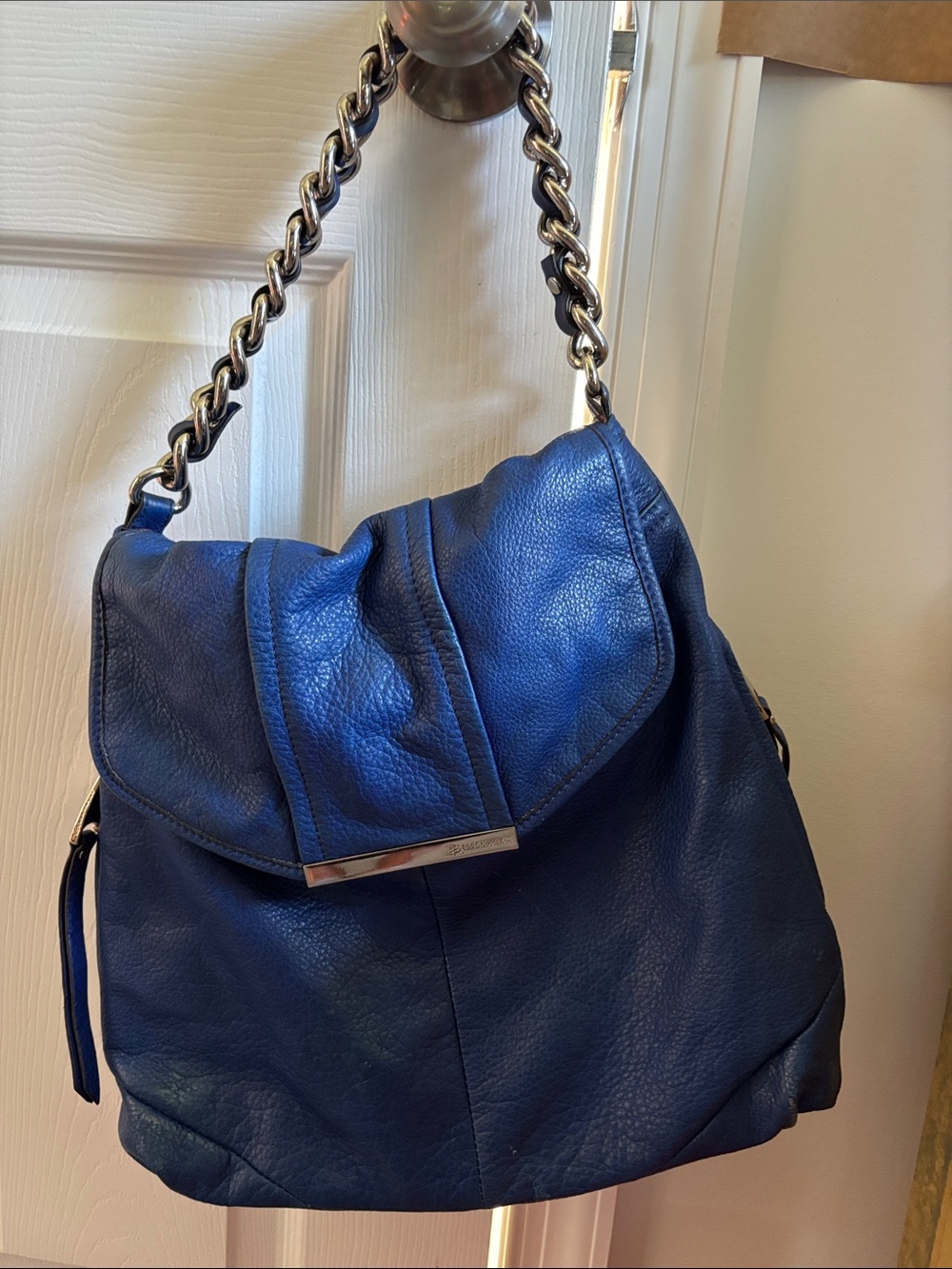 B. Makowsky Blue Leather Shoulder Bag - Funky Braided Chain Strap- Like New!
